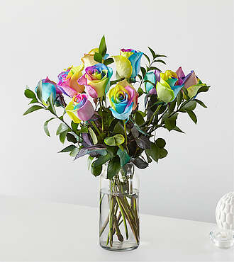 Rainbow Rose Bouquet - 12 Roses With Vase - FedEx