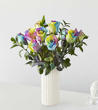 Rainbow Rose Bouquet - 12 Roses With White Fluted Vase - FedEx
