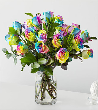 Rainbow Rose Bouquet - 24 Roses With Vase - FedEx