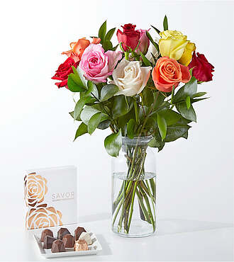 Mixed Roses Gift Sets - 12 Roses with Vase and Chocolate - FedEx