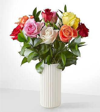Mixed Roses - 12 Roses with White Fluted Vase - FedEx