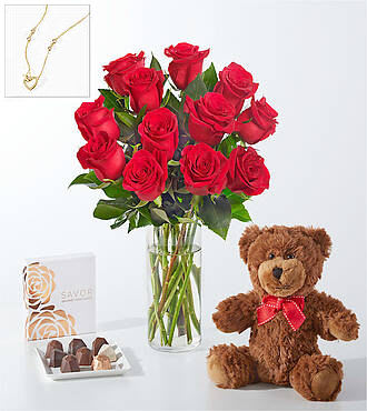 Red Roses Gift Sets - 12 Roses with Vase Chocolate, Bear and Necklace - FedEx