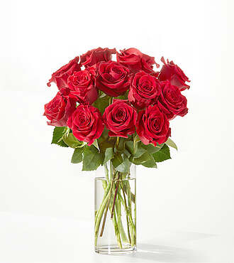 Red Rose Bouquet - 12 Roses with Glass Vase - FedEx