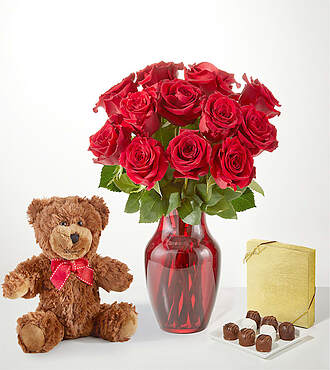 Romanced Red Rose Gift Sets - 12 Roses with Red Vase Chocolate, and Bear - FedEx
