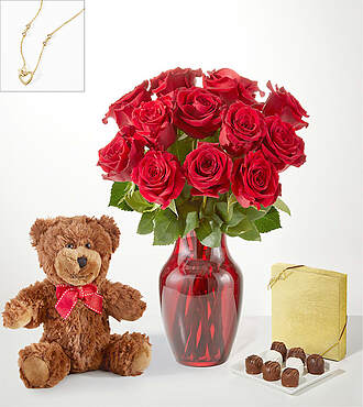 Red Roses Gift Sets - 12 Roses with Red Vase Chocolate, Bear and Necklace - FedEx
