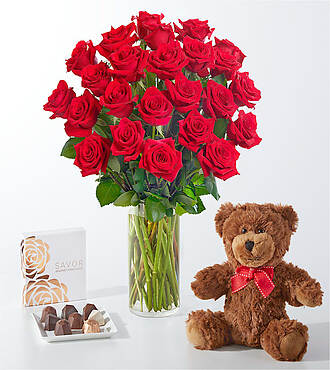 Romanced Red Rose Gift Sets - 24 Roses with Vase Chocolate, and Bear - FedEx