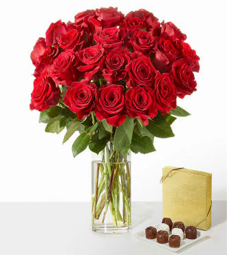 Red Rose Bouquet - 24 Roses with Vase and Chocolate - FedEx