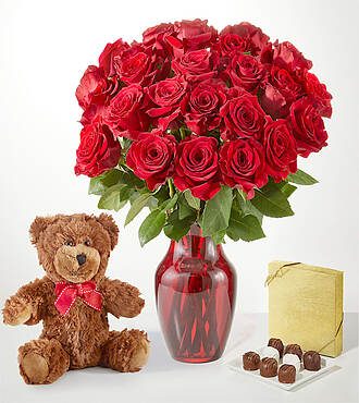 Red Roses Gift Sets - 24 Roses with Red Vase Chocolate, and Bear - FedEx