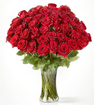 Fifty Long Stem Red Roses - 50 Roses with Vase - FedEx