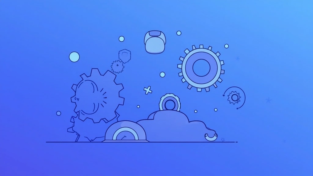 Illustration of gears symbolizing AI development transformation in a blue and purple gradient background.