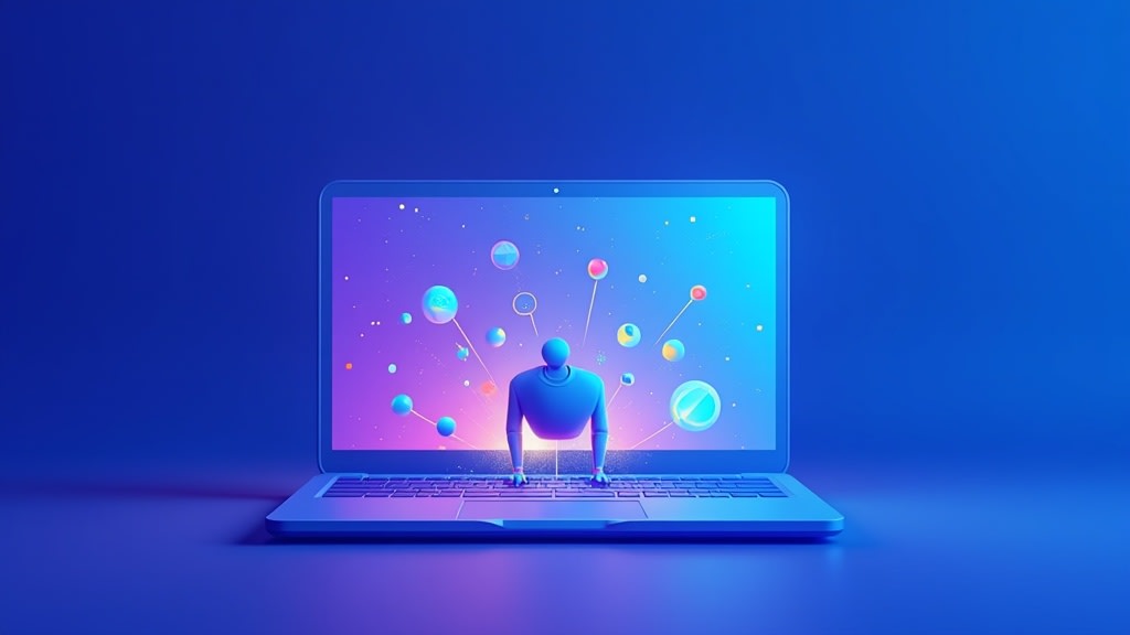 Illustration of a laptop with AI agents emerging, symbolizing developer empowerment in a blue and purple gradient background.