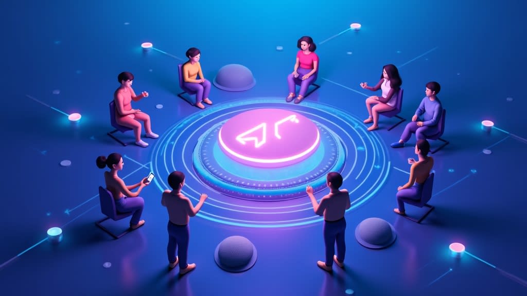 Illustration of diverse abstract figures collaborating around an AI core in a blue and purple gradient background.