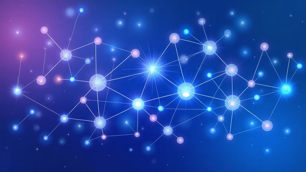 Illustration of interconnected geometric shapes representing the importance of open-source AI frameworks, set against a blue/purple gradient background.