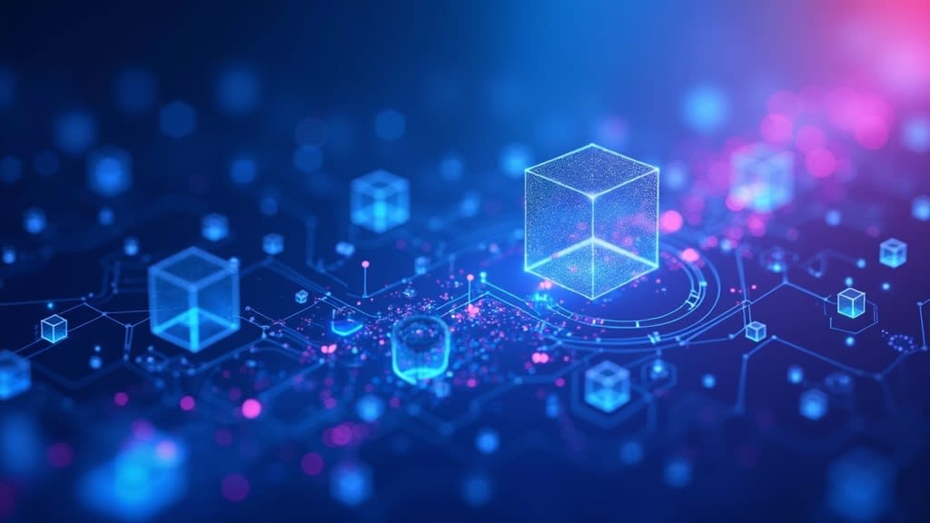 Abstract illustration representing the implications of open-source AI for developers and startups, with geometric shapes on a blue/purple gradient background.