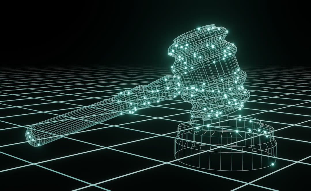 A courtroom setting with technology elements reflecting legal proceedings