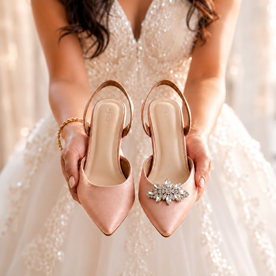 CLASSIE blush pink heels with a crystal clip