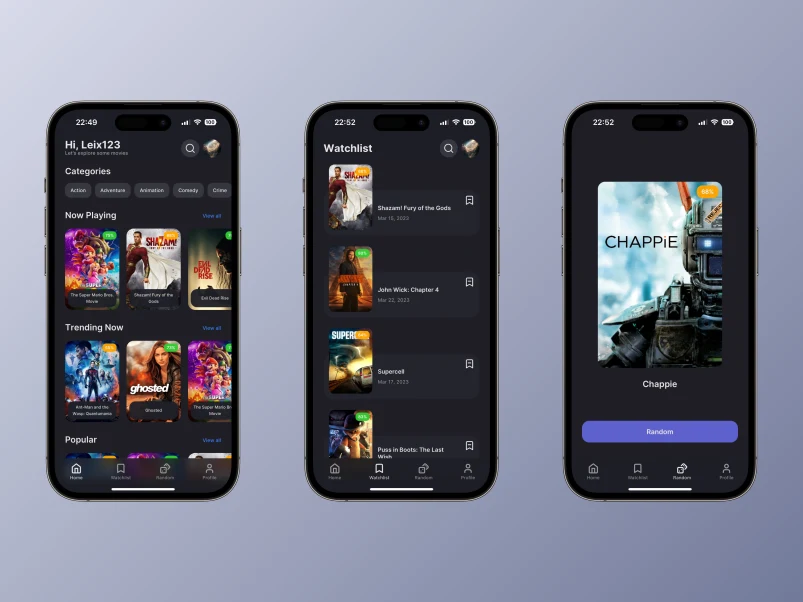 Home screen & Watchlist screen & Random movie screen