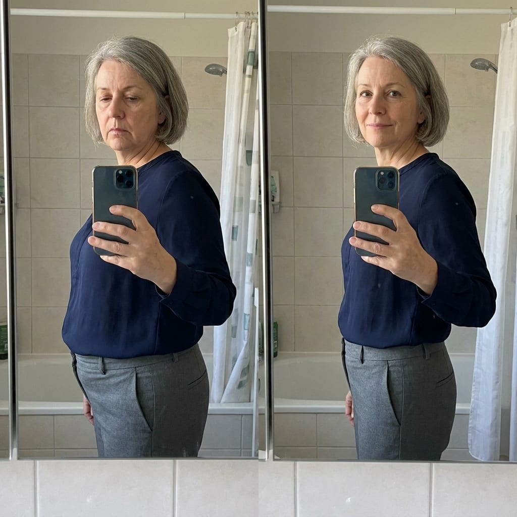 Birgit, 61 — week 0 en week 12 van haar Balance-ritueel, naast elkaar