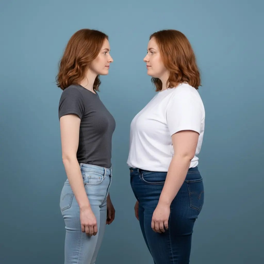 Twee vrouwen van dezelfde leeftijd met verschillende lichaamstypes — als illustratie van de tweelingstudie naar darmbacteriën
