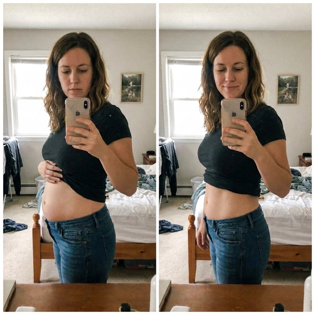 Sabrina, 43 — week 0 en week 12 van haar Balance-ritueel, naast elkaar