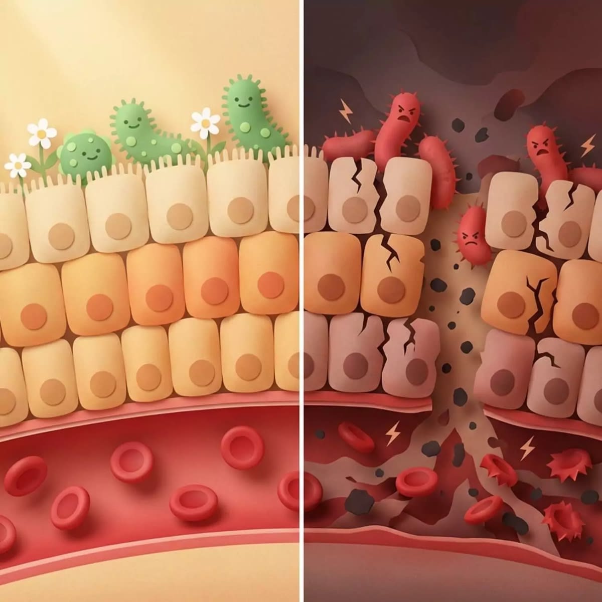 Gezonde darmwand met vriendelijke bacteriën versus een ontstoken, lekkende darmwand met schadelijke bacteriën