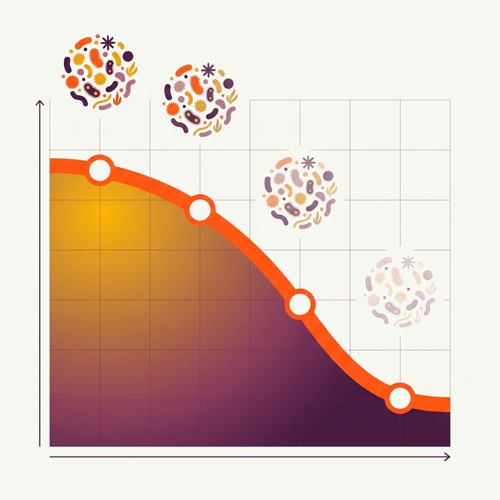 Een steile dalende curve: de diversiteit van de darmflora daalt van een piek midden in de twintig naar een kantelpunt bij 45+