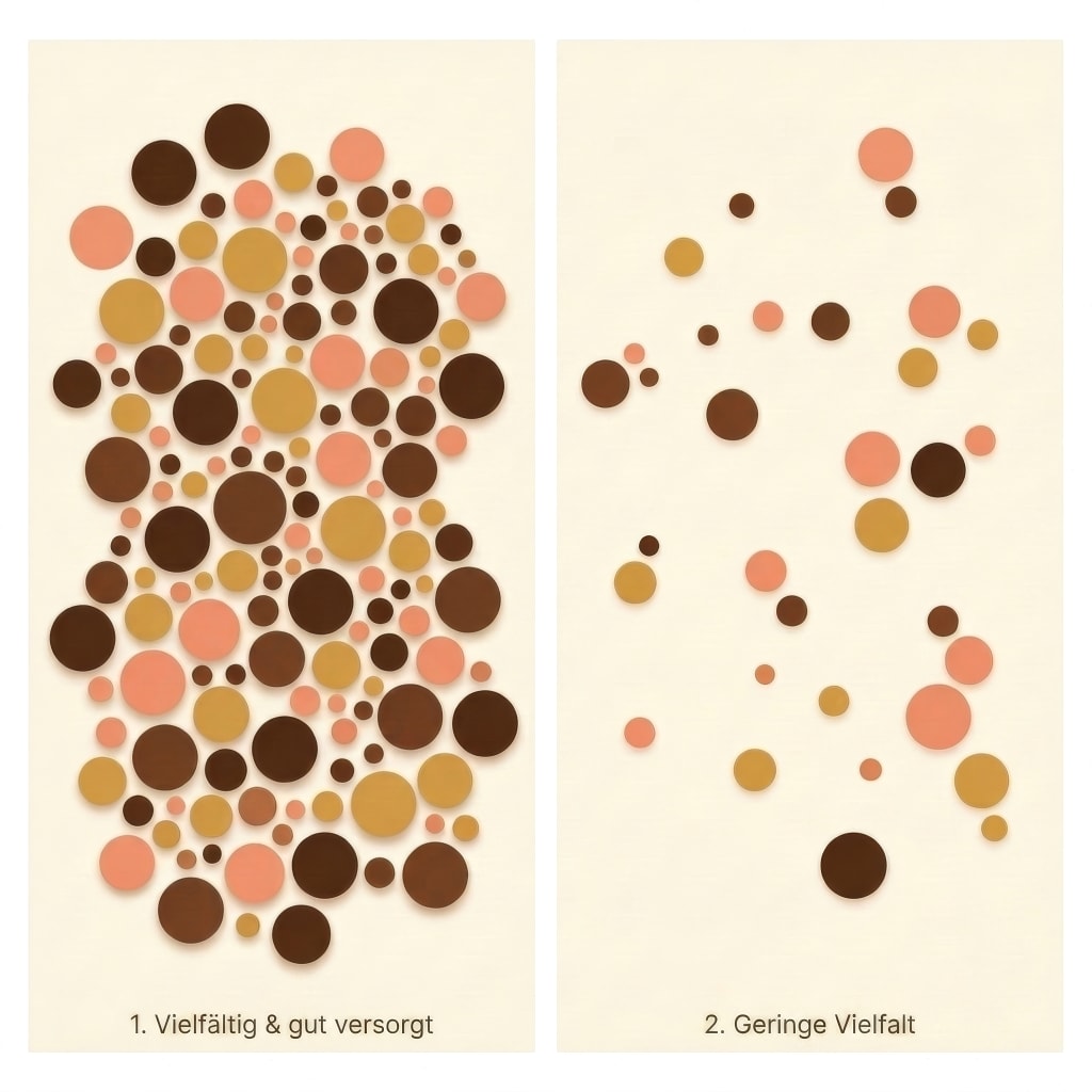 Vielfältige, gut versorgte Darmflora versus Darmflora mit geringer Vielfalt — erklärende Illustration