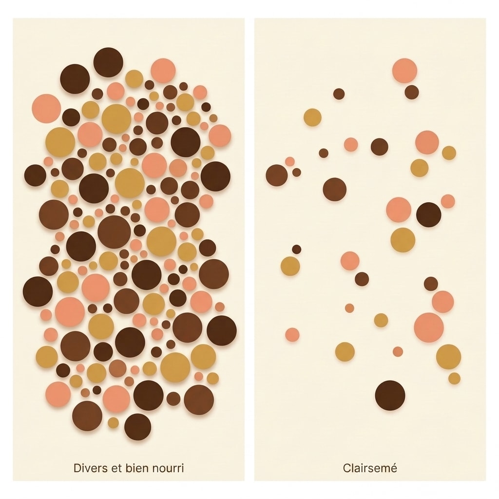 Flore intestinale diverse et bien nourrie versus flore clairsemée et sous-alimentée — illustration pédagogique