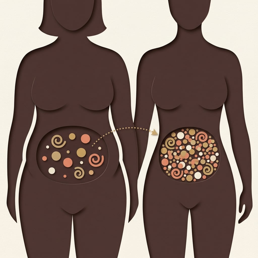 Illustration de jumelles côte à côte — plus mince et plus ronde — montrant un équilibre de bactéries intestinales différent