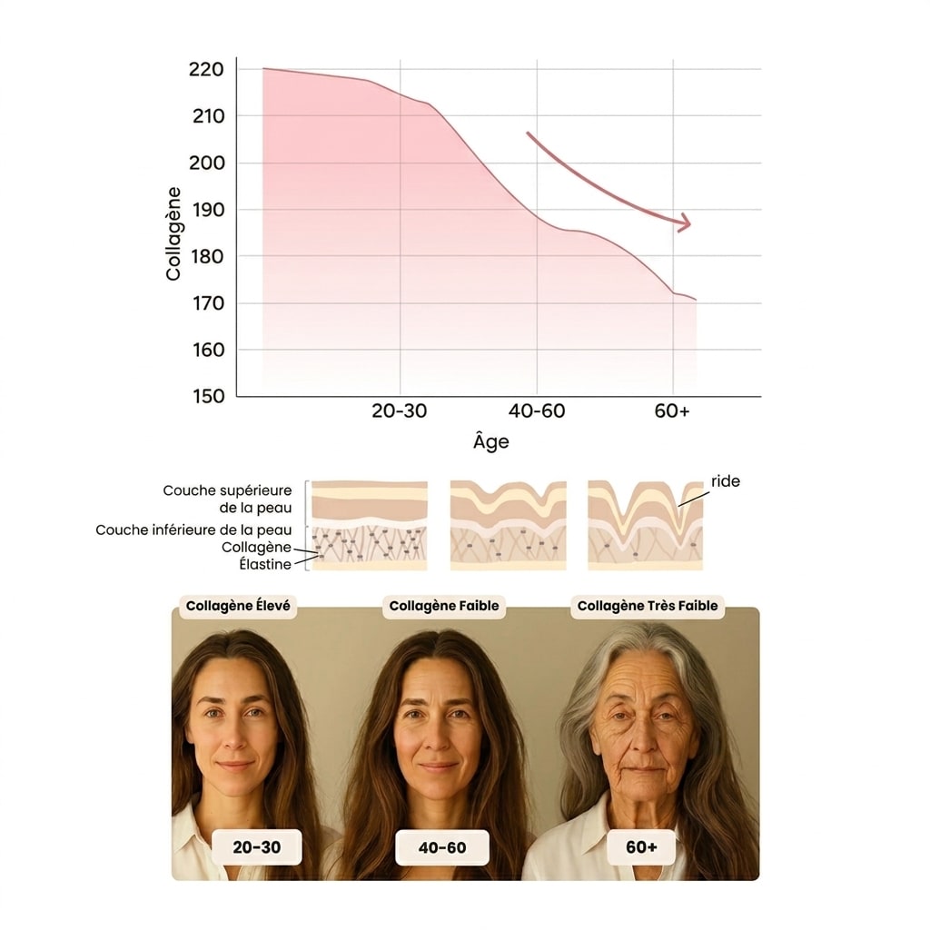 Curva del calo di collagene con l'età, diagramma degli strati della pelle e confronto tra 3 fasce d'età