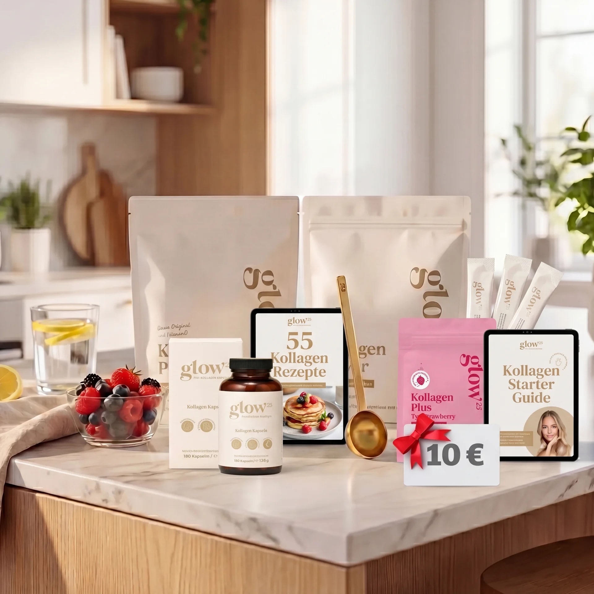 Glow25 Kollagen Starter Set – 2x Kollagen, Strawberry, Kapseln, eBooks, VIP-Guthaben