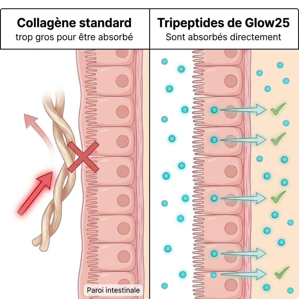 Comparaison : collagène normal vs. tripeptides Glow25 — absorption directe à travers la paroi intestinale