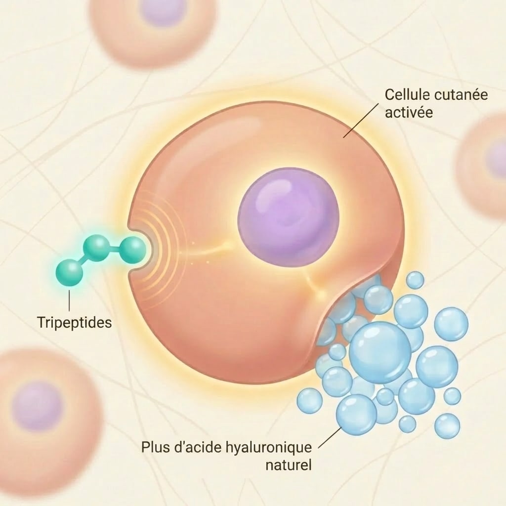 Les tripeptides se lient à la cellule de la peau et activent l'acide hyaluronique naturel