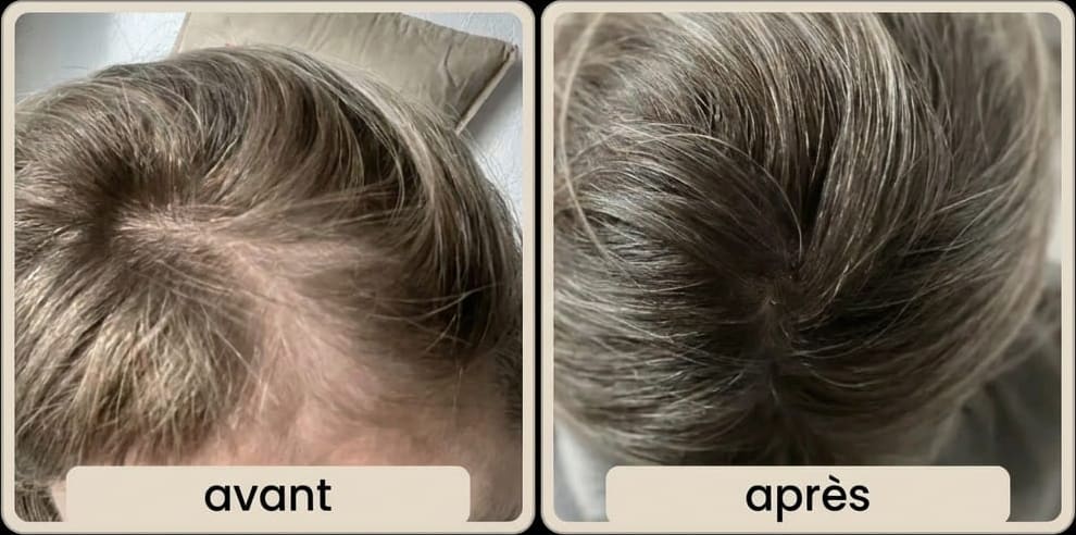 Avant/Après Christine (54 ans) — cheveux plus denses après 3 mois de Glow25