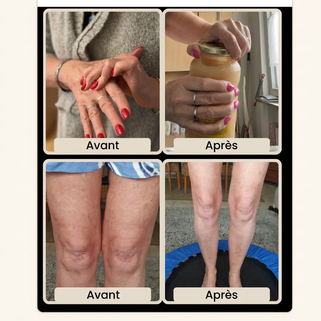 Avant/Après Juliette (62 ans) — mains et genoux après 3 mois de Glow25