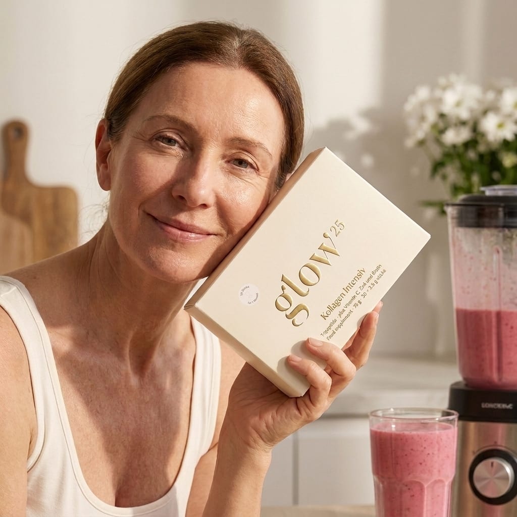 Birgit, 61, lächelt mit ihrer Glow25-Packung am Fenster