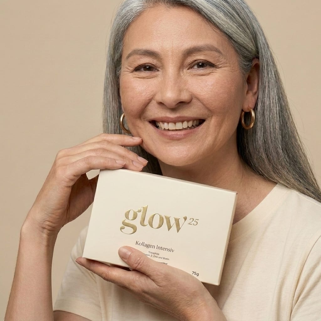Renate, 64, lächelt mit ihrer Glow25-Packung