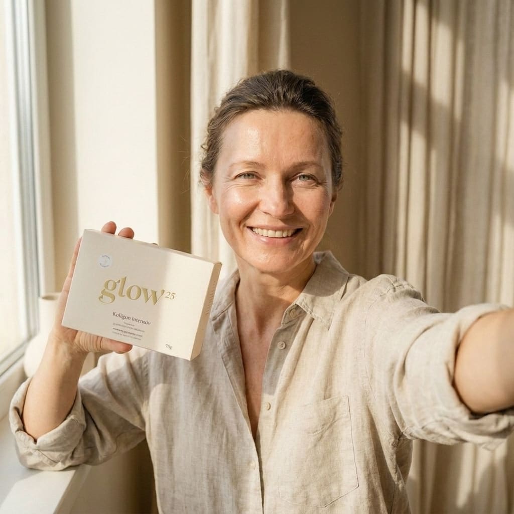 Sabine, 54, mit ihrer Glow25-Packung in der Küche
