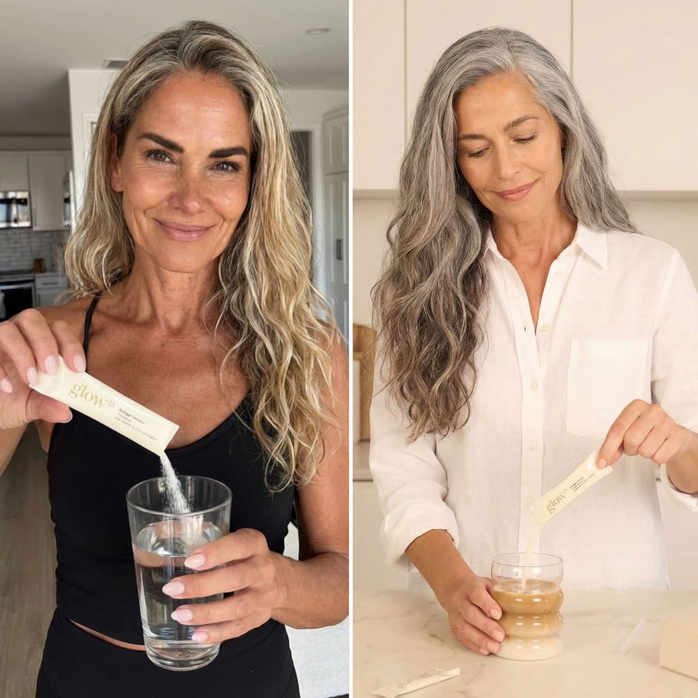 Due donne con stick Collagen Intensive di Glow25 — una nell'acqua, una nel caffè