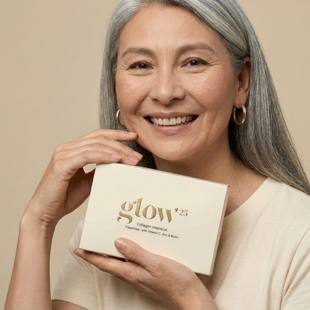Carla, 63 anni, sorridente con la confezione di Glow25