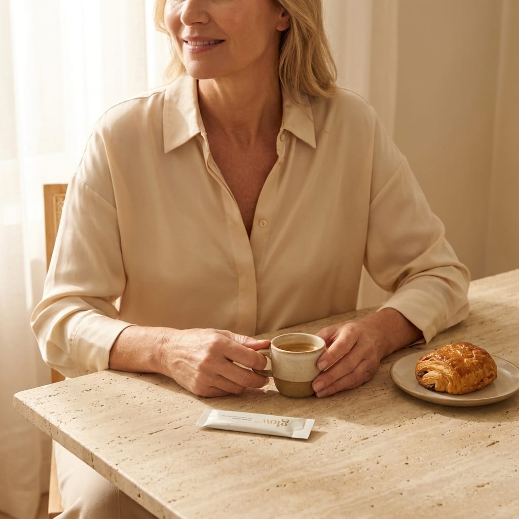 Donna con stick Glow25 e espresso