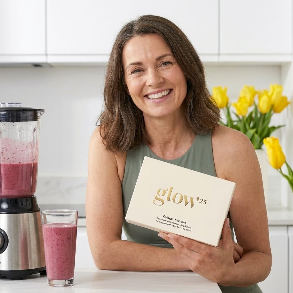 Patrizia, 61 anni, sorridente con la confezione di Glow25 in cucina