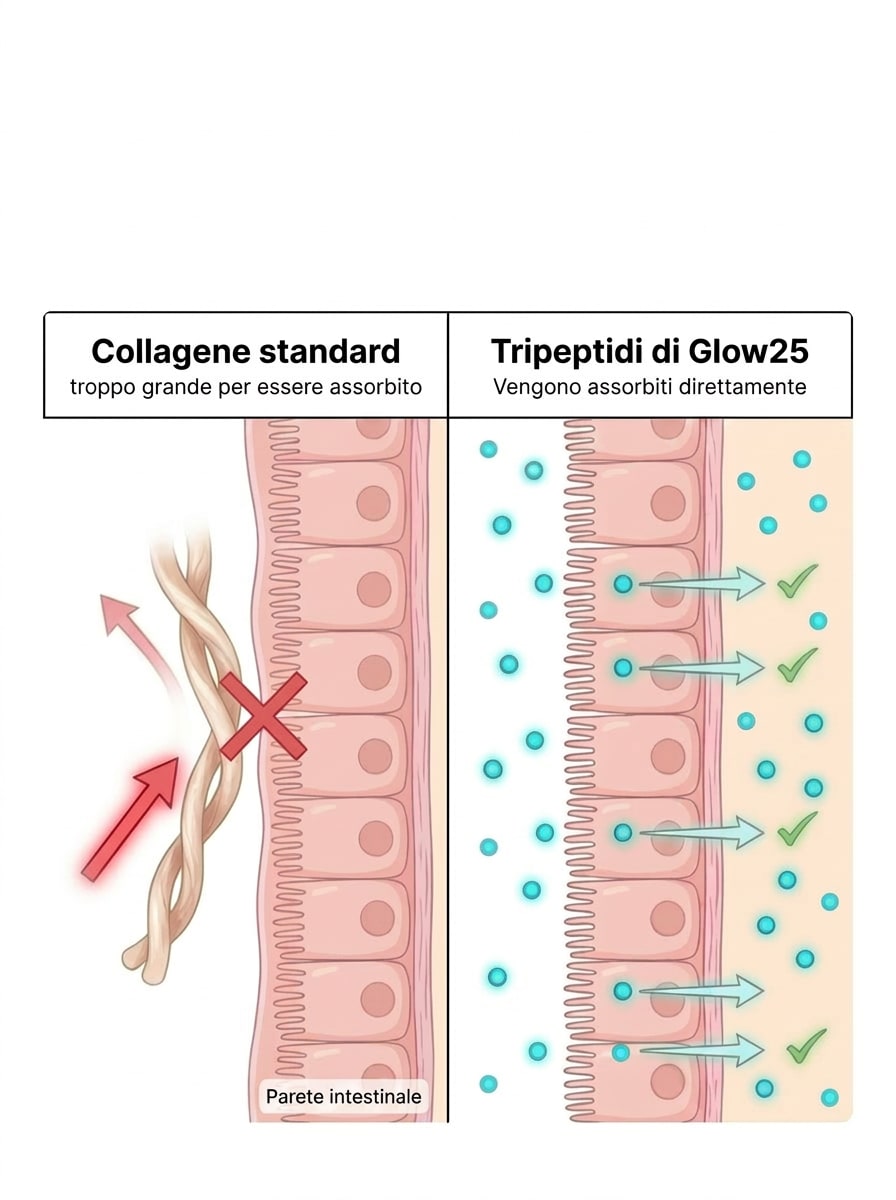 Confronto: collagene normale vs. tripeptidi Glow25 — assorbimento diretto attraverso la parete intestinale