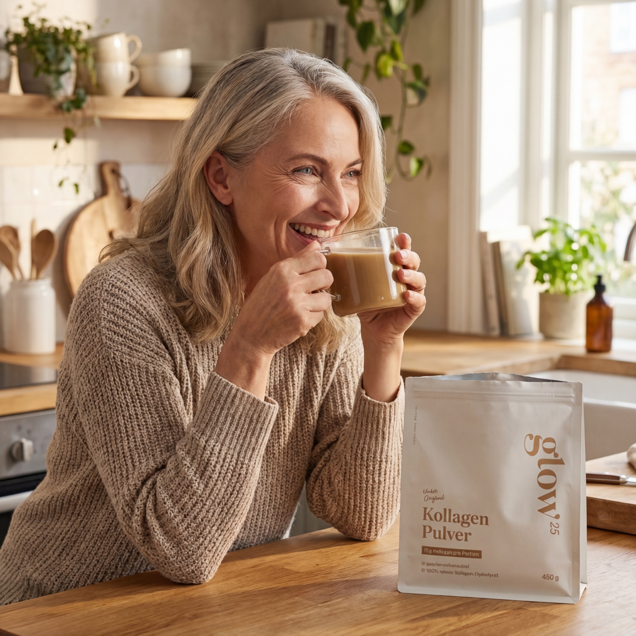 Petra trinkt Glow25 Kollagen