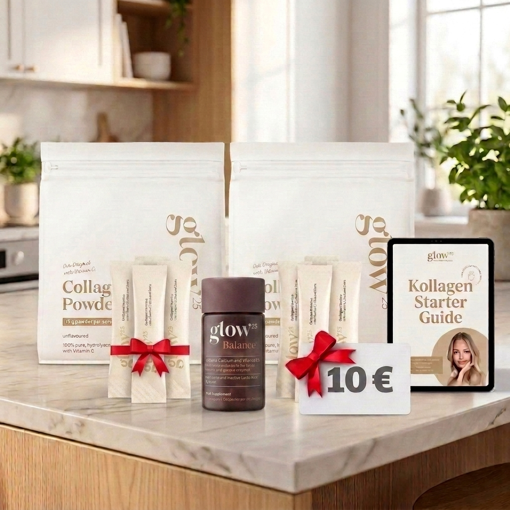 Glow25 Collagène Starter Set – 2x Collagen Powder, Balance, Sticks, Starter Guide
