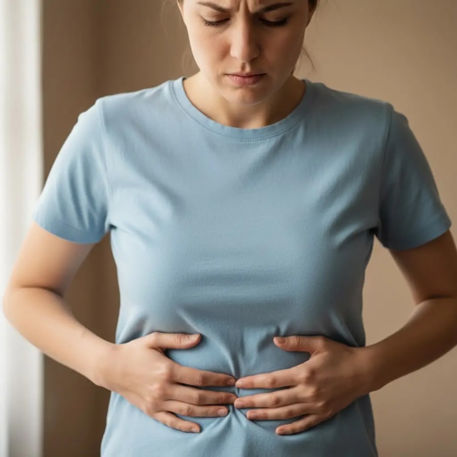 Une femme tenant son ventre — la lourdeur persistante que décrivent beaucoup de femmes