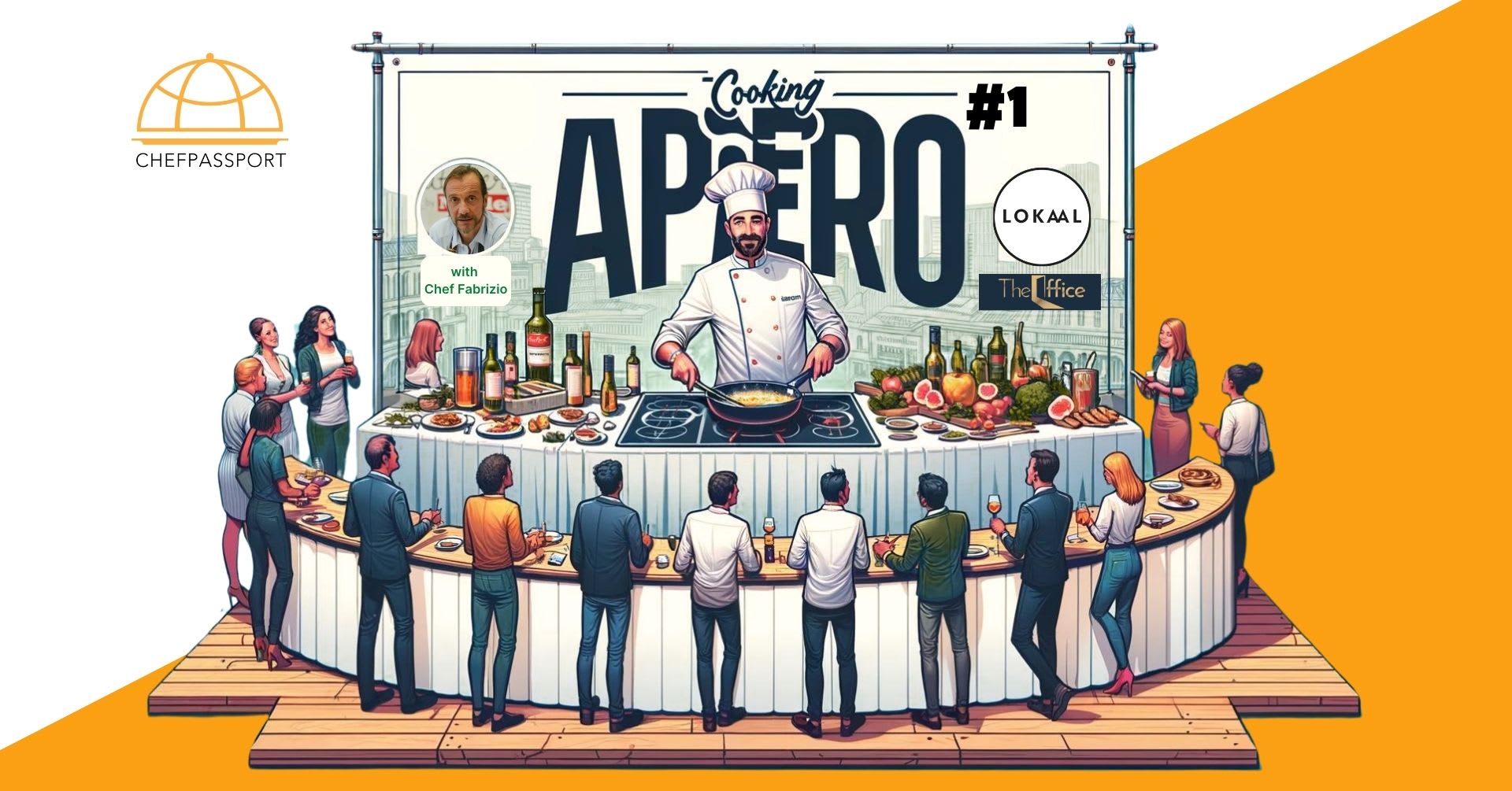 Chef Fabrizio hosting a cooking apero event with audience around demonstration table