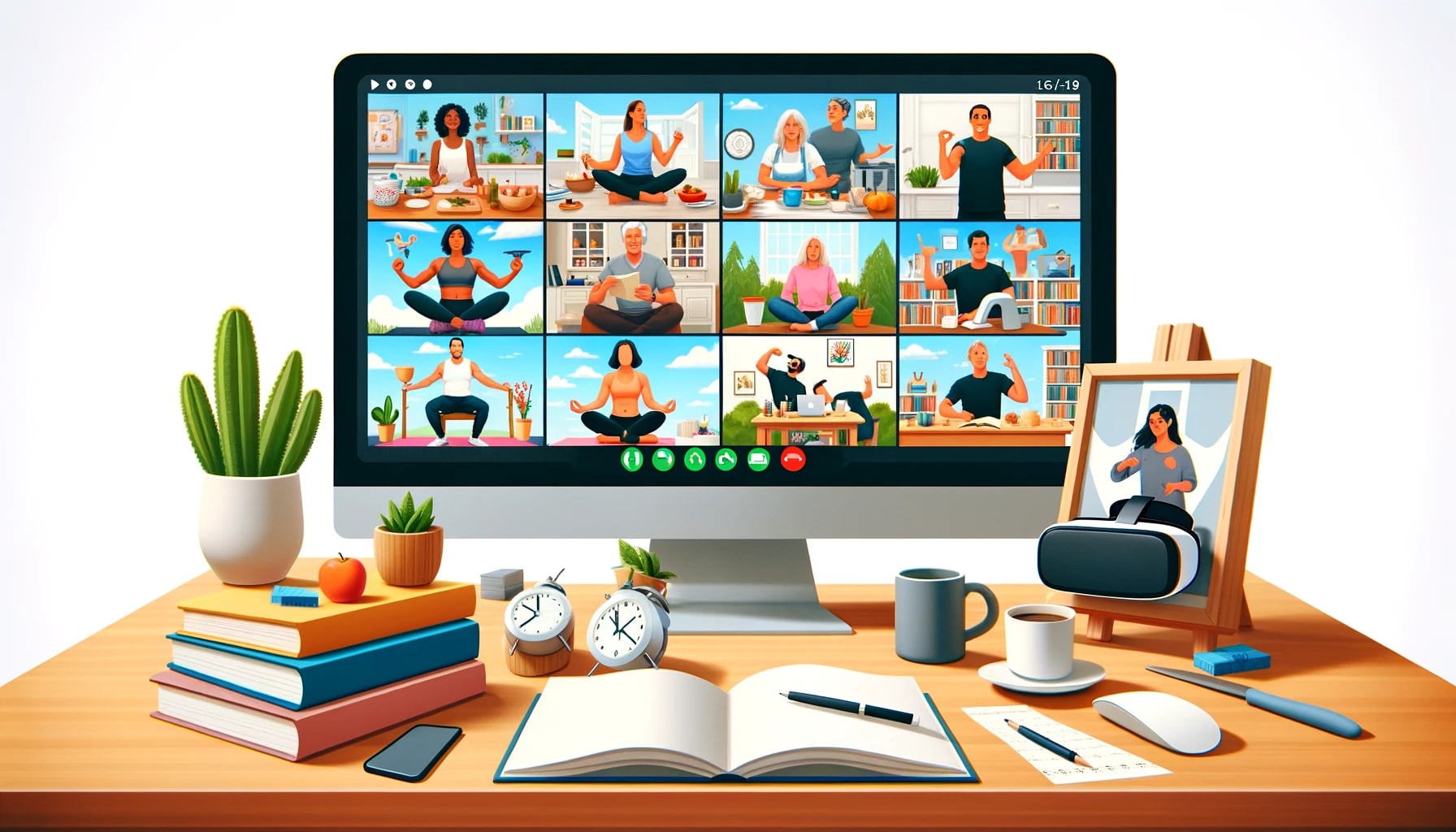 Online fitness class video call showing multiple people doing yoga and exercises