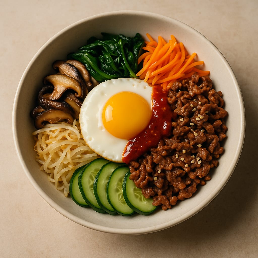 Korean bibimbap bowl with fried egg, vegetables, beef and gochujang sauce