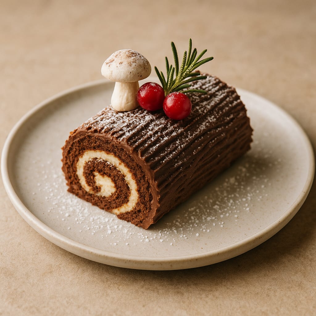 Chocolate yule log cake decorated with meringue mushroom and festive garnish